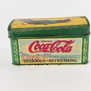 Vintage Coca-Cola Advertising Container Hinged Lid Lady On Beach Empty Tin